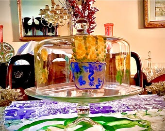 Hand Painted Glass Cake Stand with Dome, Yellow Wildflowers