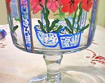 Hand Painted Amaryllis Trifle Bowl, Christmas Dessert Dishes