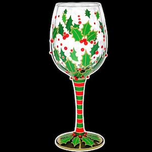 Festive Hand-Painted Christmas Wine Glass: Custom Holiday Drinkware with Holly Design