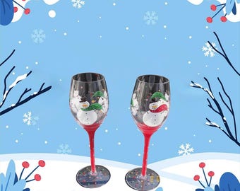 Hand-Painted Snowmen Wine Glasses Holiday Christmas Festive Drinkware Seasonal Home Decor Gift Set