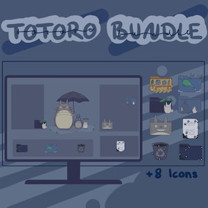 May include: A computer monitor displaying a collection of 8 Totoro themed folder icons. The icons feature characters from the movie, including Totoro, the cat bus, and the little soot sprites. The text '+8 Icons' is displayed below the monitor.