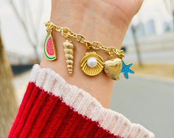 Gold Multi Custom Charm Bracelet, Build Your Own Vintage Chunky Charm Bracelets, Pick Your Charms, Mother’s Day gift, Birthday Gift For Her