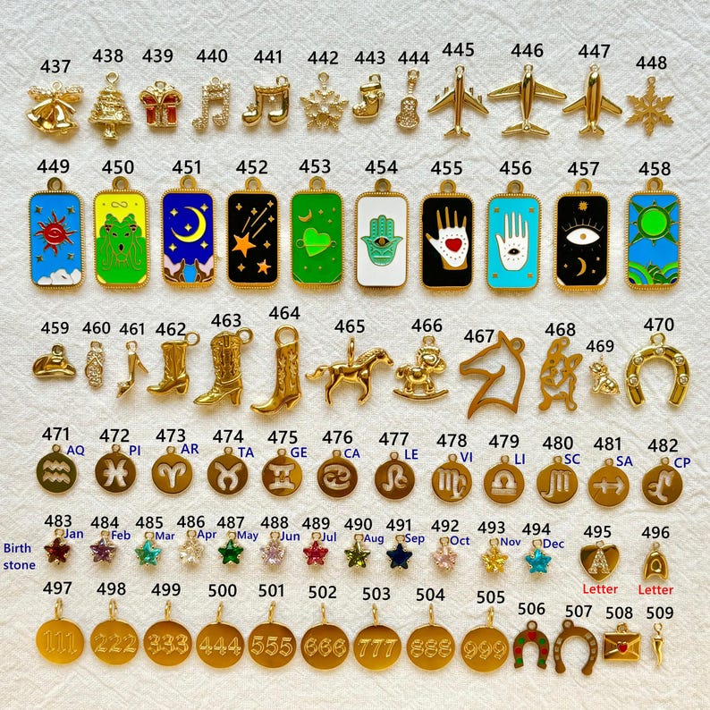 May include: A collection of gold-colored charms and pendants, including airplanes, stars, musical notes, and zodiac symbols. There are also birthstone charms, letters, and numbers. The charms are designed for jewelry making.
