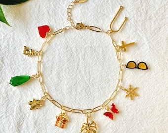 Custom Gold Multi Charm Bracelet for Women, Build Your Own Vintage Chunky Charm Bracelet, Personalized Birthday Gift For Her