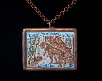 1974 Monaco Circus Lion Tamer Postage Stamp Soldered Pendant - Free Shipping in US -