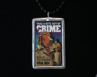 McGruff The Crime Dog Postage Stamp Necklace Soldered Pendant - Free Shipping in US -