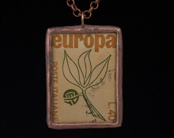 Italian Foliage Europa Postage Stamp Soldered Pendant - Free Shipping in US -