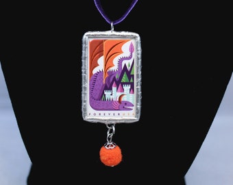 Purple Dragon Castle Necklace Postage Stamp Soldered Pendant - Free Shipping in US -