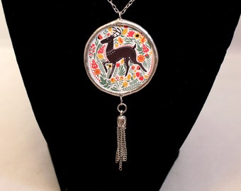 Free Shipping in US Folk Reindeer and Flowers Tassel Necklace Round Soldered Pendant
