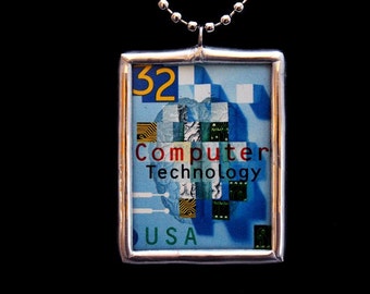 Computer Technology Postage Stamp Soldered Pendant IT Necklace - Free Shipping in US -