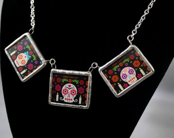 Day of the Dead Skull 3 Piece Postage Stamp Soldered Necklace - Free Shipping in US -