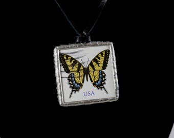 Eastern Tiger Swallowtail Butterfly Necklace Cancelled Postage Stamp Soldered Pendant - Free Shipping in US -