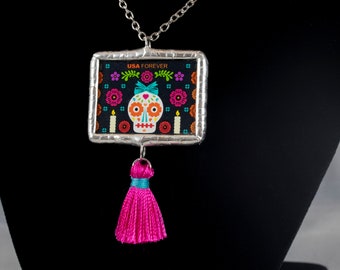 Day of the Dead Skull Postage Stamp Soldered Pendant - Free Shipping in US -