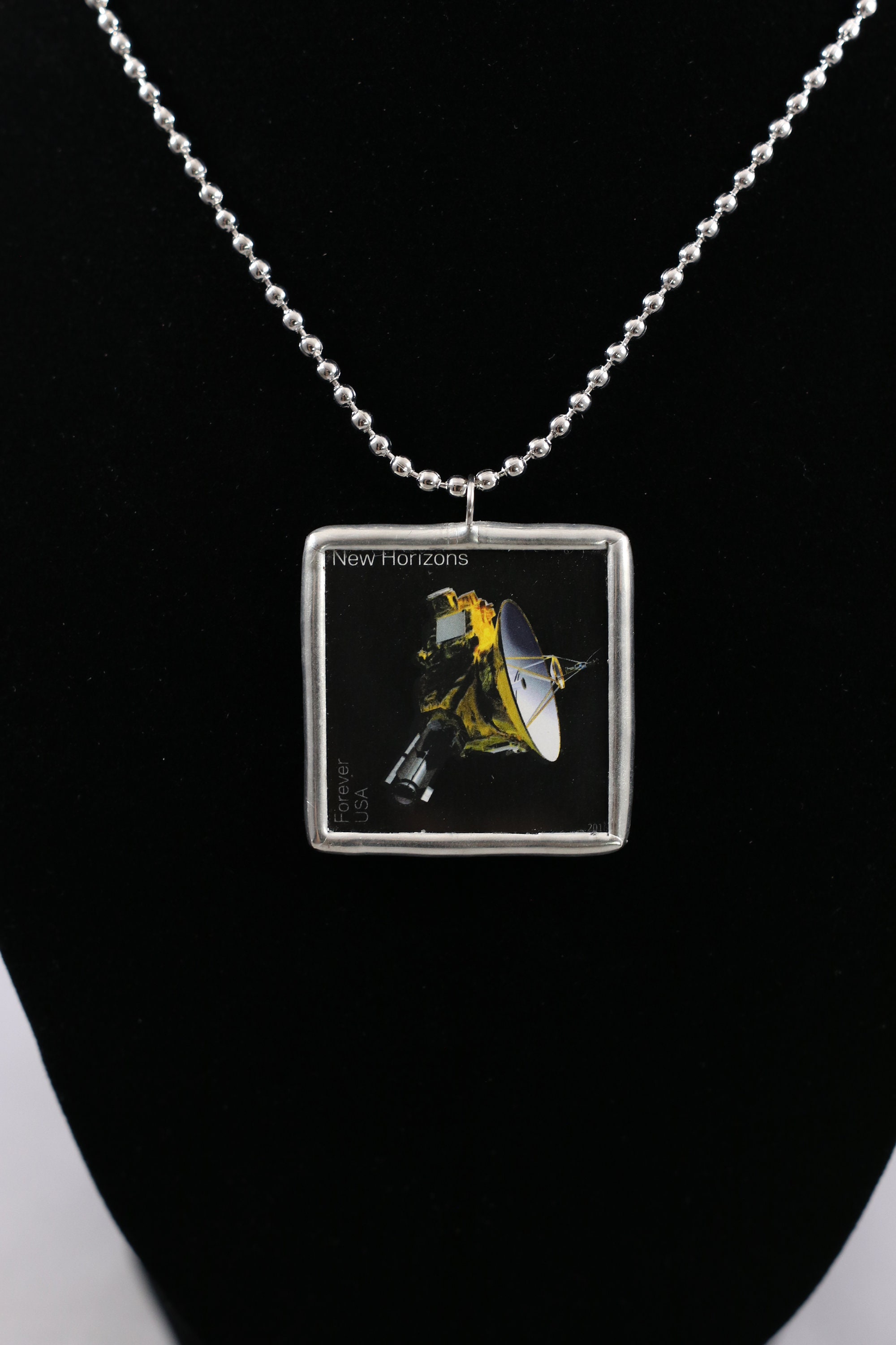 New Horizons Satellite Postage Stamp Necklace Space Soldered