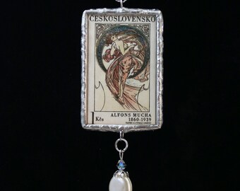 Alfons Mucha Woman Czechoslovakia Postage Stamp Necklace Soldered Pendant - Free Shipping in US -