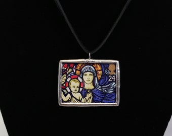 Stained Glass Madonna and Child Necklace Postage Stamp Soldered Pendant - Free Shipping in US -