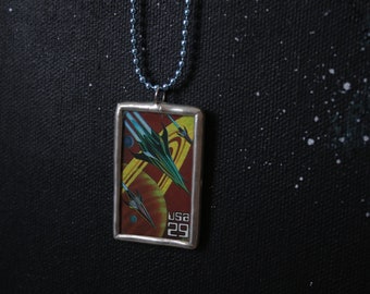 Sci-fi Rockets Spaceships Necklace Space Postage Stamp Soldered Pendant - Free Shipping in US -