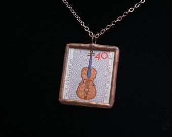 German Violin 1973 Postage Stamp Soldered Pendant - Free Shipping in US -