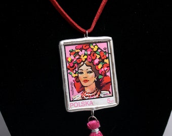 Flower Woman Polish Postage Stamp Necklace Soldered Pendant - Free Shipping in US -