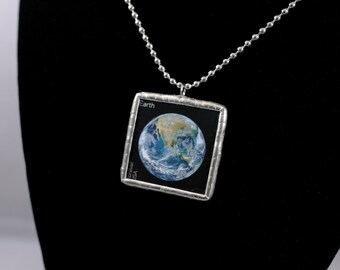 Planet Earth Postage Stamp Necklace Space Soldered Pendant - Free Shipping in US -
