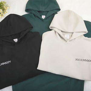 Personalized Embroidered Roman Numeral Hoodie with Initial on Sleeve,Custom Anniversary Date Couple Hoodie,Valentines Day Shirt Gift for Him