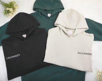Personalized Embroidered Roman Numeral Hoodie with Initial on Sleeve,Custom Anniversary Date Couple Hoodie,Valentines Day Shirt Gift for Him