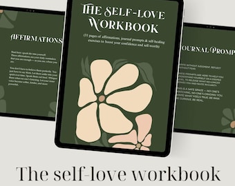 May include: A digital self-love workbook displayed on three tablets. The cover features a floral design in cream and peach tones against a dark green background. Text includes "The Self-Love Workbook" and "Affirmations".