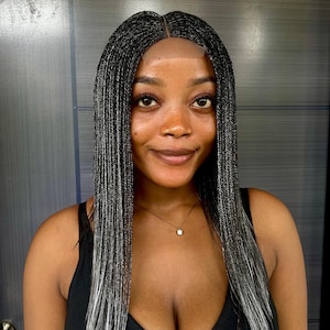 Ready to Ship Gray Hair Salt and Pepper Micro Twist Braided Wigs for Black Women on 2*6 Closure | 14&quot; Short Wig Senegalese Twist Braids Wig