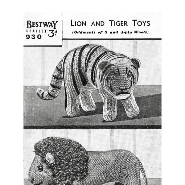 Lion and Tiger. Vintage Knitted Toy. Digital Pattern