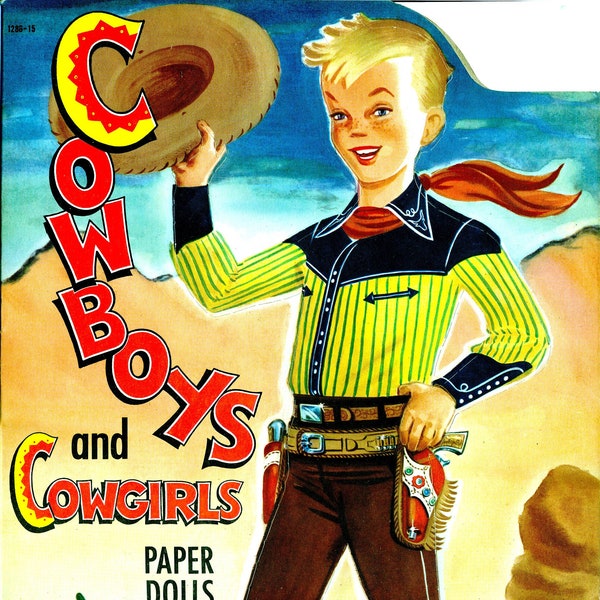 Cowboys and Cowgirls Paper Doll Book, Lowe 1950.  #1286, 6 Pages, Cute Western Boy Girl Dolls and Outfits,  Clip Art, Kids, PDF Download