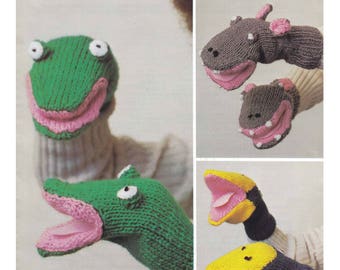 Guanti per animali. Modello a maglia. Marionette a maglia. Burattino di rana. Burattino di ippopotamo. Marionetta di uccelli.