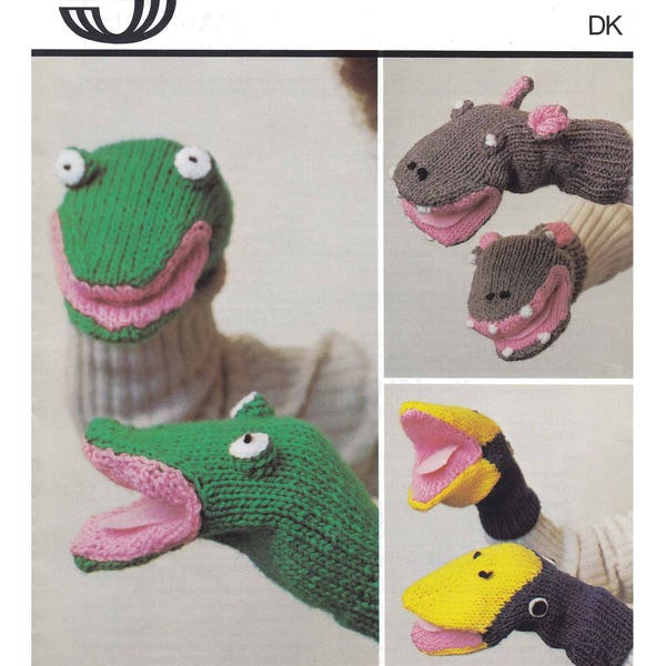 Animal Mitts. Knitting Pattern. Knitted Puppets. Frog puppet. Hippo Puppet. Bird Puppet.