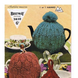 May include: A vintage knitting pattern for three tea cozy designs. The pattern is for a blue tea cozy with a pom pom, a red tea cozy, and a red tea cozy with a handle. The pattern is from Bestway Knitwear and is number 3650. The pattern requires 1 or 2 Hanks of Chunky yarn.