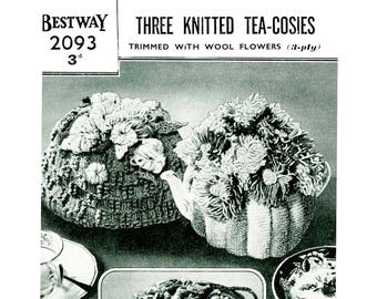 Three Knitted Tea Cosies - Tea Cosies trimmed with Flowers - Bestway 2093