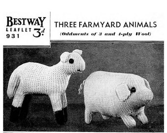 Three Knitted Farm Animals. Vintage knitting pattern. Knitted Sheep. Knitted cow. Knitted pig. Farm decor.  Instant digital download.
