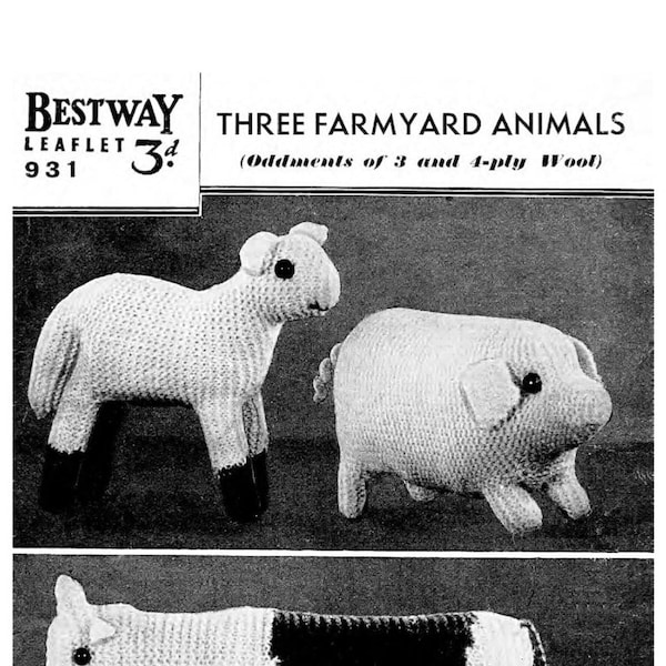 Three Knitted Farm Animals. Vintage knitting pattern. Knitted Sheep. Knitted cow. Knitted pig. Farm decor.  Instant digital download.