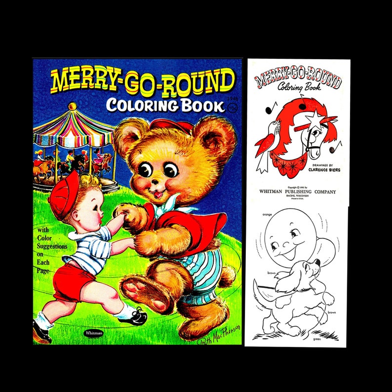 K&ouml;nnte beinhalten: Ein Vintage-Malbuch mit einem Karussell mit einem Teddyb&auml;r und einem Kind. Der Umschlag tr&auml;gt den Titel "Merry-Go-Round Coloring Book" und enth&auml;lt Farbvorschl&auml;ge auf jeder Seite.