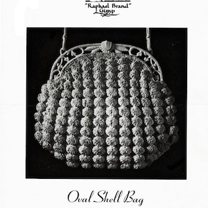 May include: An oval-shaped crochet bag with a textured, bobble stitch design. The bag has a decorative metal frame and handle. The image includes the text "Crochet with Gimp" and "Oval Shell Bag."
