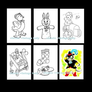 K&ouml;nnte beinhalten: Ein Satz von sechs Schwarzwei&szlig;-Malvorlagen mit verschiedenen Illustrationen, darunter ein K&uuml;ken, eine Hasenpuppe, ein Kind in einem Spielzeugauto, eine Puppe in einem Wagen, ein Paar Stiefel und eine Katze mit Hut.