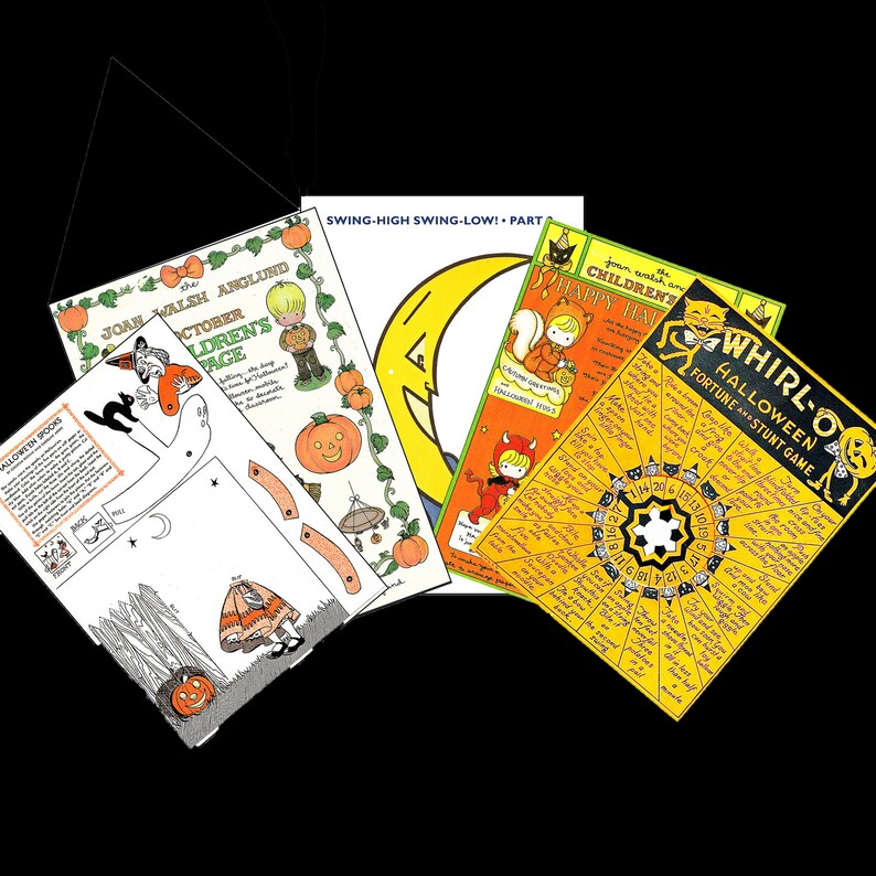 May include: A set of vintage Halloween-themed paper crafts and games. The set includes a "Swing-High Swing-Low" game, a "Whirl-O Halloween Fortune & Stunt Game", and a "Children's Page" with a pumpkin and a witch.