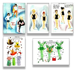 May include: A vintage paper doll set featuring four ballerinas with different outfits and accessories. The dolls are named Anne, Jill, Rose, and Ruth. The set includes instructions for making costumes and a stage for the dolls.