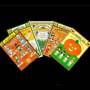 May include: A set of six vintage Halloween activity pages for children. Each page features a different Halloween theme, including a pumpkin theater, a Halloween party, and a happy Halloween. The pages are illustrated with colorful characters and designs.