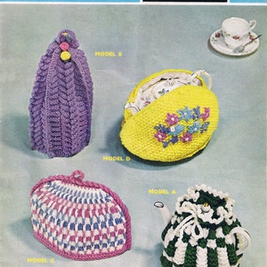 May include: A vintage knitting pattern booklet for tea cosies, coffee pot cosy and teapot cover. The booklet cover features a photo of four crocheted tea cosies in different colors and patterns. The text on the cover reads "Pullman wool Tea Cosies, Coffee Pot Cosy and Teapot Cover SIRDAR 2071B 7d".
