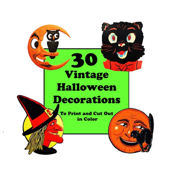 30 Halloween Decorations to Print and Cut. Vintage Halloween. Halloween Ornaments. Witches. Black Cats. Party Decorations. Instant Download.