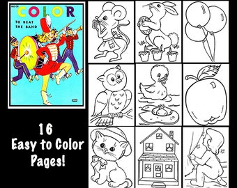 Vintage Coloring Book. 'Color to Beat the Band'. 16 Easy to Color Pages. PDF-Instant Download