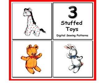 3 Soft Toys - Stuffed Animals - Digital Sewing Pattern - Rabbit - Giraffe - Teddy Bear