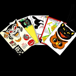 May include: A set of five vintage Halloween party decorations featuring black cats, owls, and pumpkins. The decorations are printed on paper and are ready to be cut out and used for party decorations.