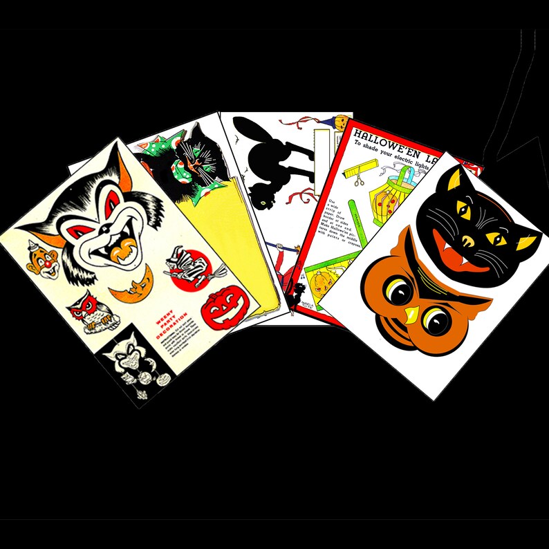 May include: A set of five vintage Halloween party decorations featuring black cats, owls, and pumpkins. The decorations are printed on paper and are ready to be cut out and used for party decorations.