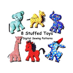 8 Soft Toys - Stuffed Animals - Digital Sewing Pattern - Camel - Elephant -Pony - Giraffe - Donkey - Lioness - Bear - Lamb