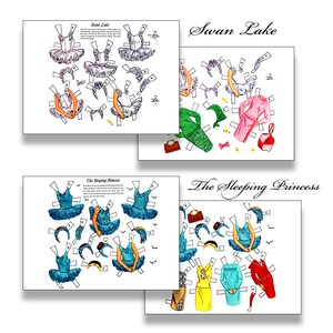 May include: A vintage paper doll set featuring three different ballet costumes: Swan Lake, The Sleeping Princess, and Snow Cake. Each set includes a dress, headpiece, and accessories.